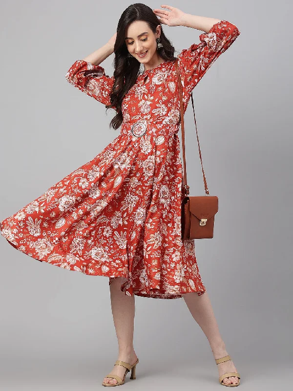 Janasya Women's Rust Crepe Digital Printed Flared Western Dress