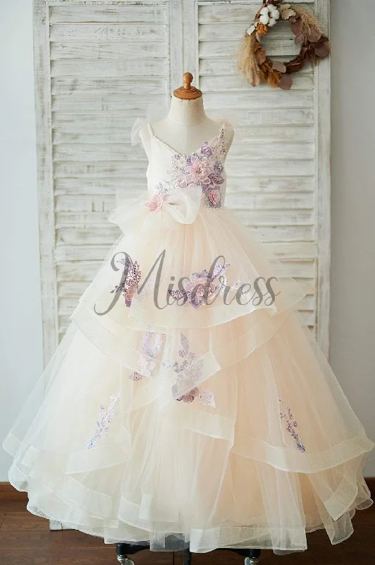 Champagne Tulle Straps Pearls Wedding Flower Girl Dress, Embroidery Lace