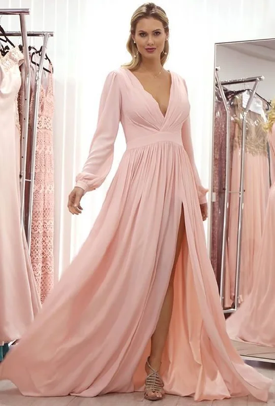 Long Sleeves Pink Chiffon Party prom Dress  cg6230