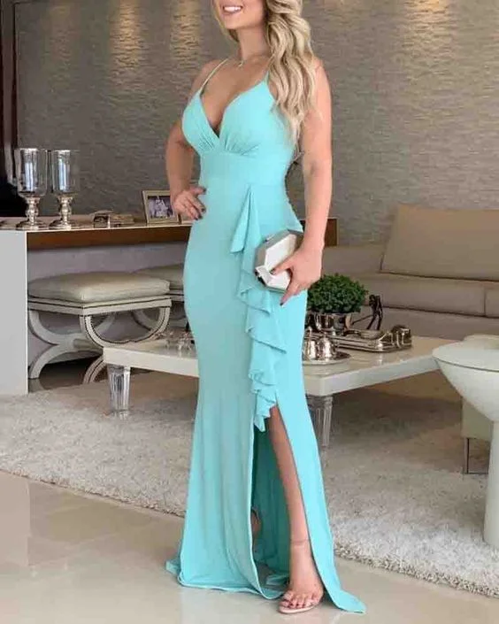 Spaghetti Strap Ruffles Slit prom Dress  cg6180
