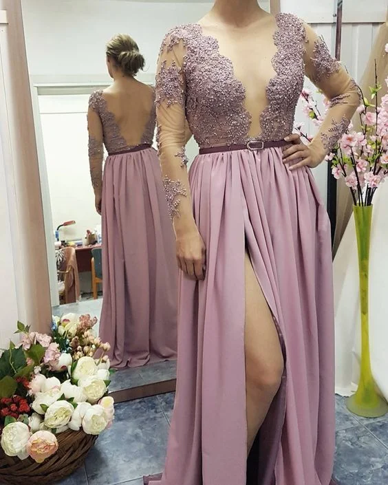 Lace Appliqed See-through Bodice Prom Dresses,Long Sleeves Prom Dresses with Slit cg6288 Lace Appliqed See-through Bodice Prom Dresses,Long Sleeves Prom Dresses with Slit cg6288