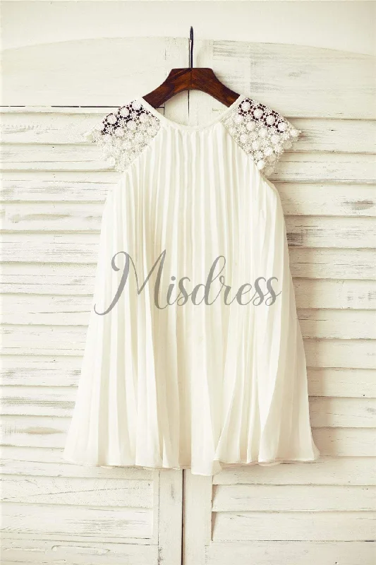 Boho Beach Ivory Pleated Chiffon Lace Cap Sleeves Flower Girl Dress