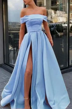 A Line Off the Shoulder Satin High Slit Prom Dresses, Long Formal Dresses   cg6002