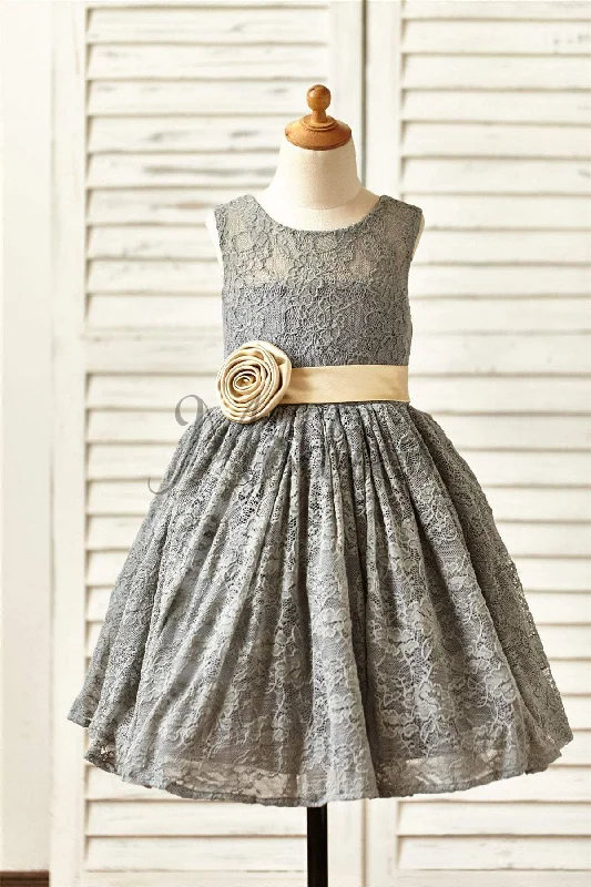 A-line Gray Lace Knee Length Flower Girl Dress, Champagne Belt