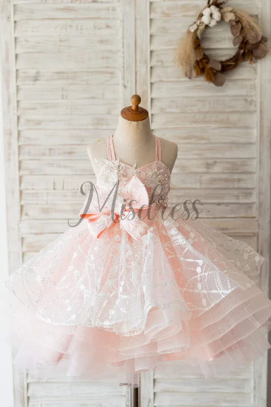 Pink Tulle Beaded Lace Straps Cross Back Wedding Flower Girl Dress Kids Formal Dress Pink Tulle Beaded Lace Straps Cross Back Wedding Flower Girl Dress Kids Formal Dress