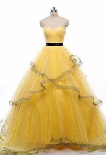 Sweetheart neck yellow tulle long ruffles evening dress, long strapless spring prom dress cg6083 Sweetheart neck yellow tulle long ruffles evening dress, long strapless spring prom dress cg6083