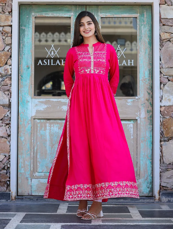 Kaajh Women's Rayon Printed Pink Side Slit Long Ethnic Dress