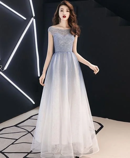 Blue round neck tulle long prom dress, blue tulle evening dress  cg6117