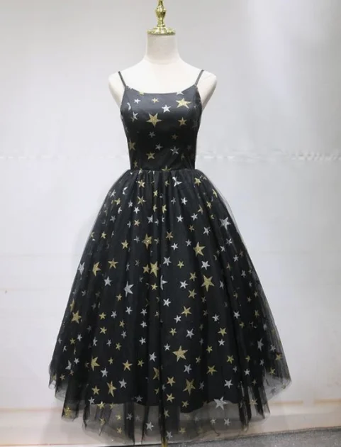 Cute Prom Dress, Unique Black Star Printed Tulle Long Open Back Short Prom Dress cg6362 Cute Prom Dress, Unique Black Star Printed Tulle Long Open Back Short Prom Dress cg6362