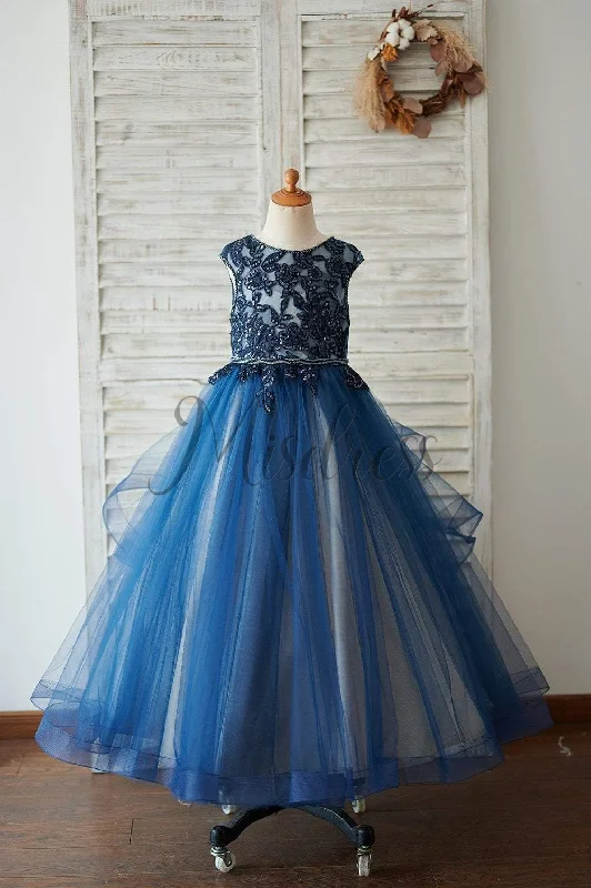 Navy Blue Tulle Organza V Back Wedding Flower Girl Dress Pageant Dress, Beading