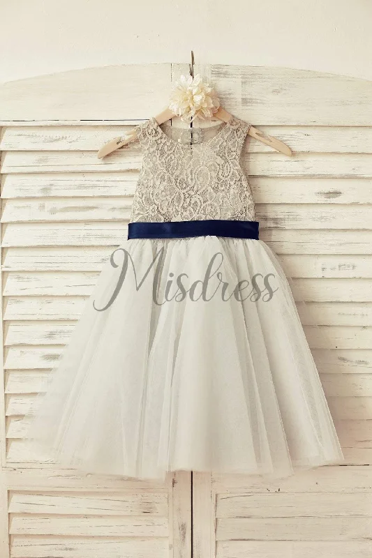 Princess Navy Blue / Gray Lace Tulle Keyhole Back Flower Girl Dress , Bow Belt