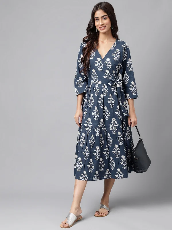 Janasya Women's Navy Blue Cotton Floral Printed Wrap Casual Dress