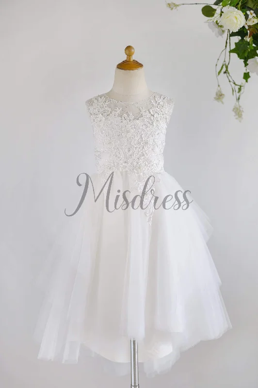 Princess Ivory Lace Sequin Tulle Hi-low Wedding Flower Girl Dress