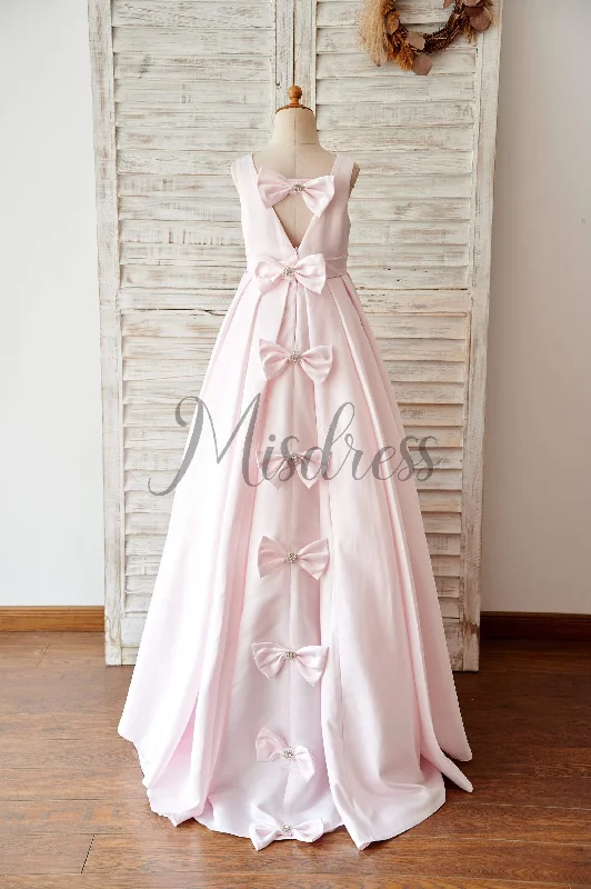 A-line Pink Satin V Back Wedding Flower Girl Dress Pageant Dress, Bows