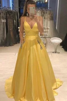 Elegant Yellow Spaghetti Straps A Line Satin V Neck Prom Dresses with Beads Pockets cg6041 Elegant Yellow Spaghetti Straps A Line Satin V Neck Prom Dresses with Beads Pockets cg6041