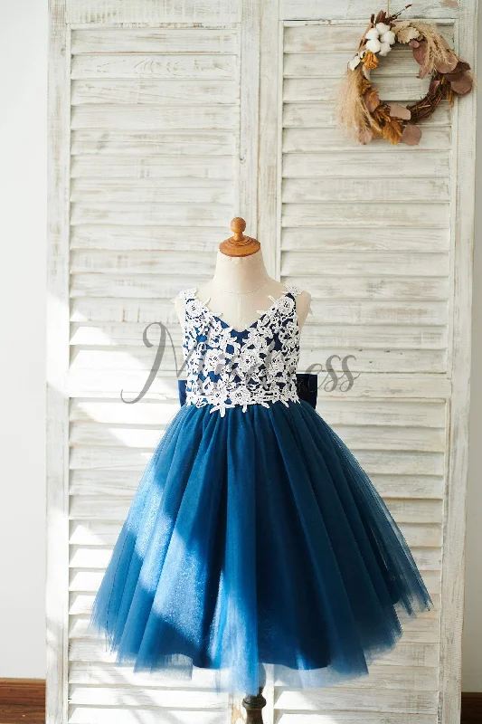 Lace Tulle Spaghetti Straps V Neck Wedding Flower Girl Dress, Bow