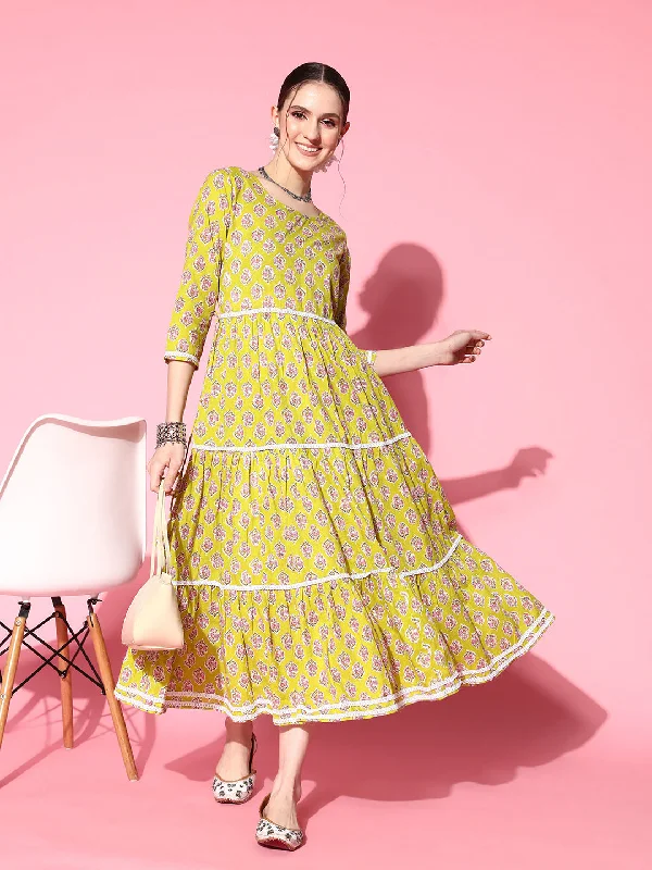 InWeave Women's Yellow Floral Print Tiered Dress With Lace