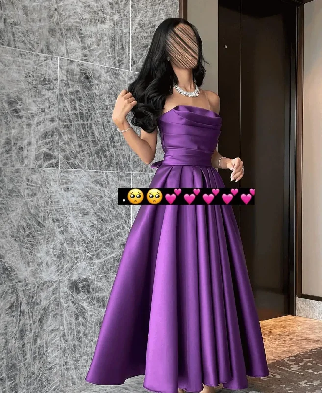 Elegant Off the Shoulder Evening Dress with Tiered Ruched A-Line Tea Length Satin Prom Dress High Quality Elegant Off the Shoulder Evening Dress with Tiered Ruched A-Line Tea Length Satin Prom Dress High Quality