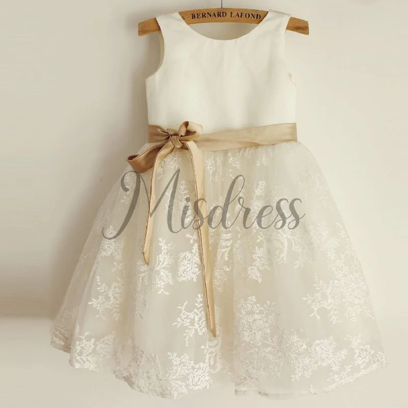 Princess Ivory Lace Satin Sleeveless Wedding Flower Girl Dress, Champagne Belt