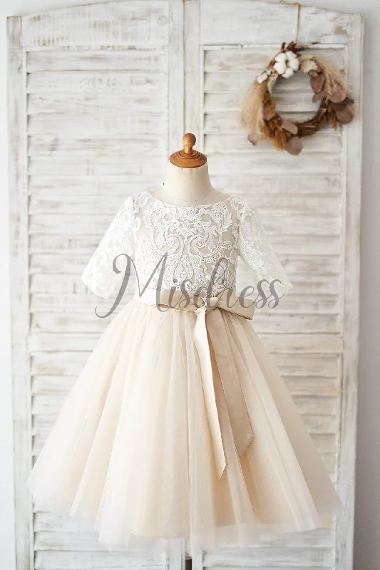 Short Sleeves Ivory Lace Tulle Wedding Flower Girl Dress, Champagne Lining