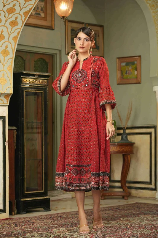 Juniper Red Georgette Festive Printed Flared Dress For Women