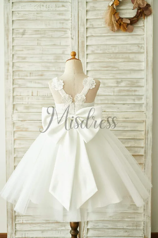 Princess Ivory Lace Tulle Straps Wedding Flower Girl Dress, Big Bow