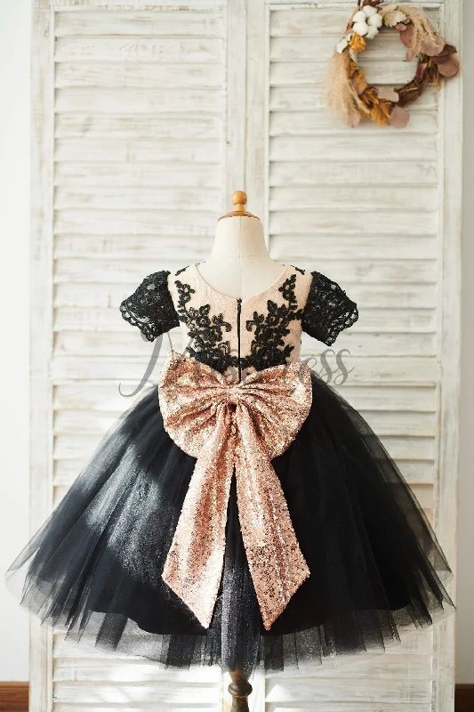 Princess Black Lace Tulle Short Sleeves Wedding Flower Girl Dress, Sequin Bow