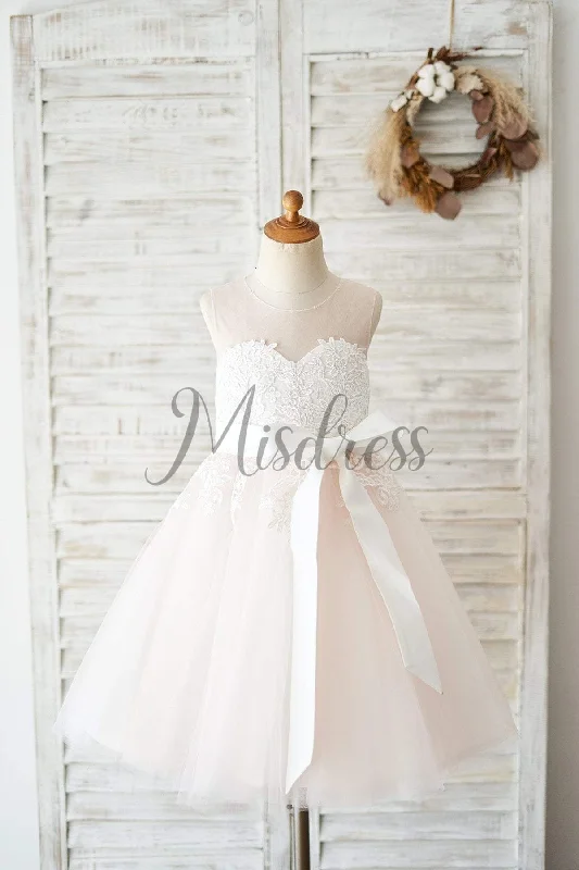 Keyhole Back Sweetheart Ivory Lace Pink Tulle Wedding Flower Girl Dress