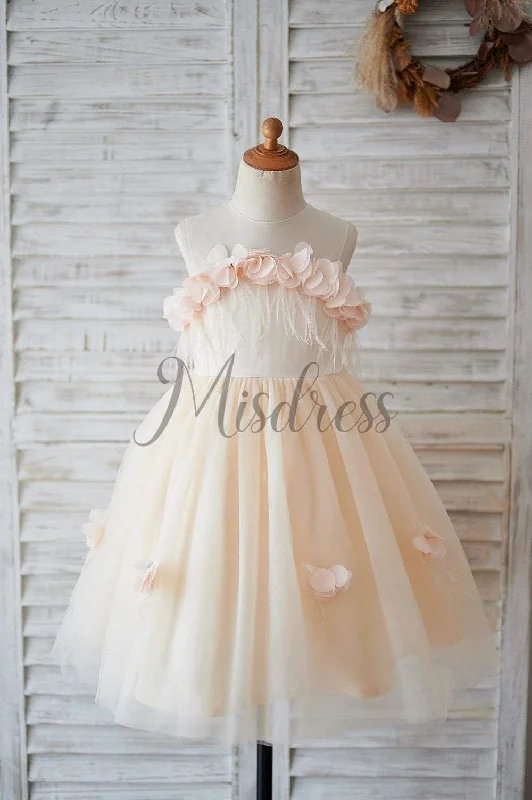 Illusion Neck Champagne Tulle Feathers Wedding Party Flower Girl Dress