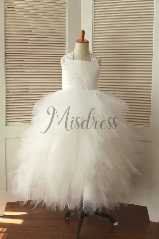 Ball Gown Backless Ivory Lace Ruffles Tulle Skirt Flower Girl Dress, Big Bow