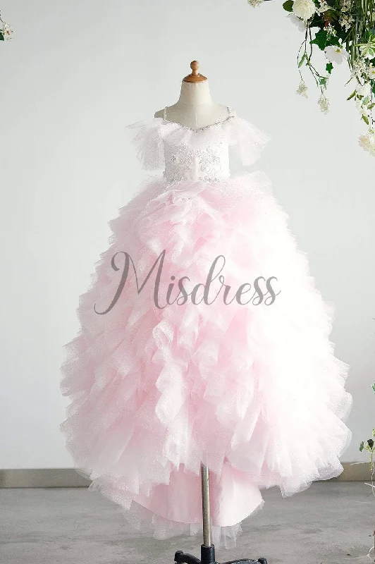 Off Shoulder Pink Polka Dot Lace Tulle Ball Gown Wedding Flower Girl Dress