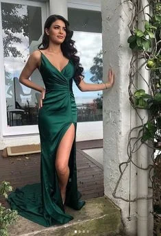 Emerald green long prom dress with split  cg6615