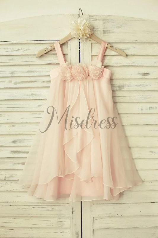 Boho Beach Blush Pink Thin Straps Chiffon Ruffles Flower Girl Dress