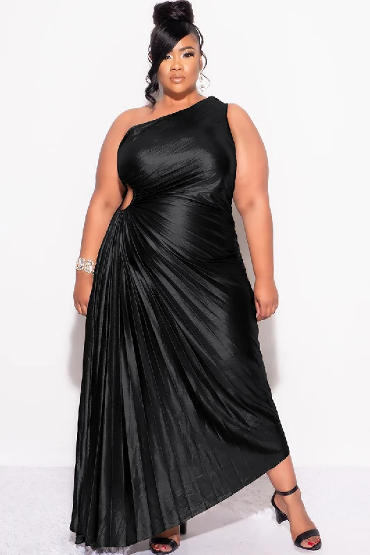 Final Sale Plus Size One Shoulder Asymmetric Pleated Dress with Cut Out in Metallic Black Final Sale Plus Size One Shoulder Asymmetric Pleated Dress with Cut Out in Metallic Black