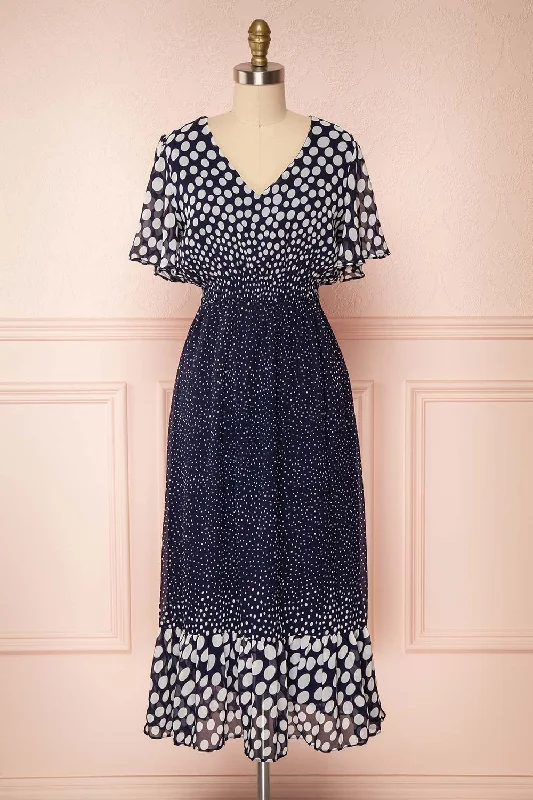 Bergljot | Navy Blue Polkadot Dress