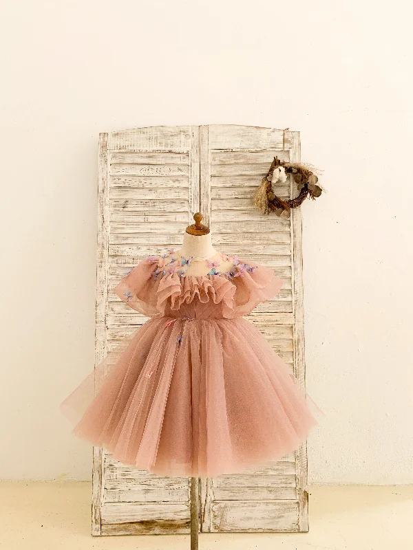 3D Butterflies Mauve Tulle Ruffles Wedding Flower Girl Dress Birthday Party