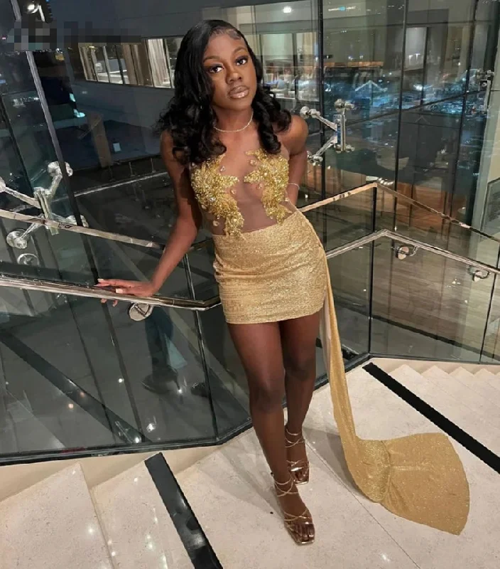 Gold Black Girls Homecoming Dress With Train Illusion Top Beaded Hoco Birthday Party Evening Dress Sequin Gold Black Girls Homecoming Dress With Train Illusion Top Beaded Hoco Birthday Party Evening Dress Sequin