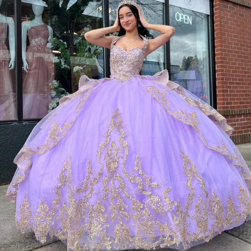 Lavender Sweetheart Princess Quinceanera Dresses Ball Gown Gold Lace Appliques Beading Sweet 16 Prom Dress Vestidos De 15 Años Lavender Sweetheart Princess Quinceanera Dresses Ball Gown Gold Lace Appliques Beading Sweet 16 Prom Dress Vestidos De 15 Años