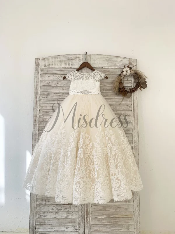 Cap Sleeves Lace Champagne Tulle Wedding Flower Girl Dress, Beaded Belt