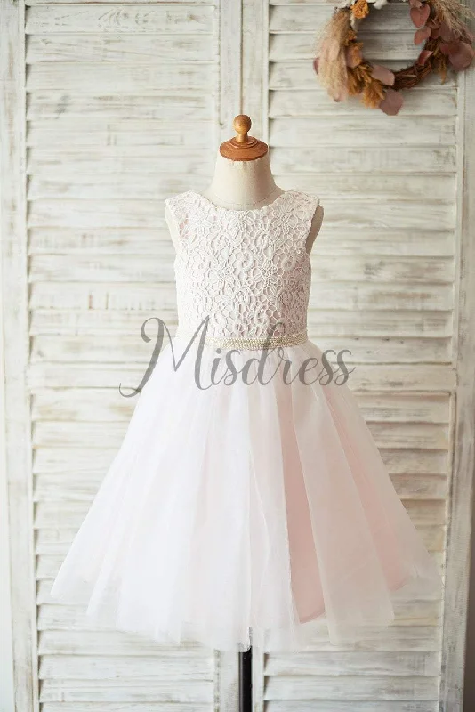 Ivory Lace Pink Tulle Open Back Wedding Flower Girl Dress, Pearls