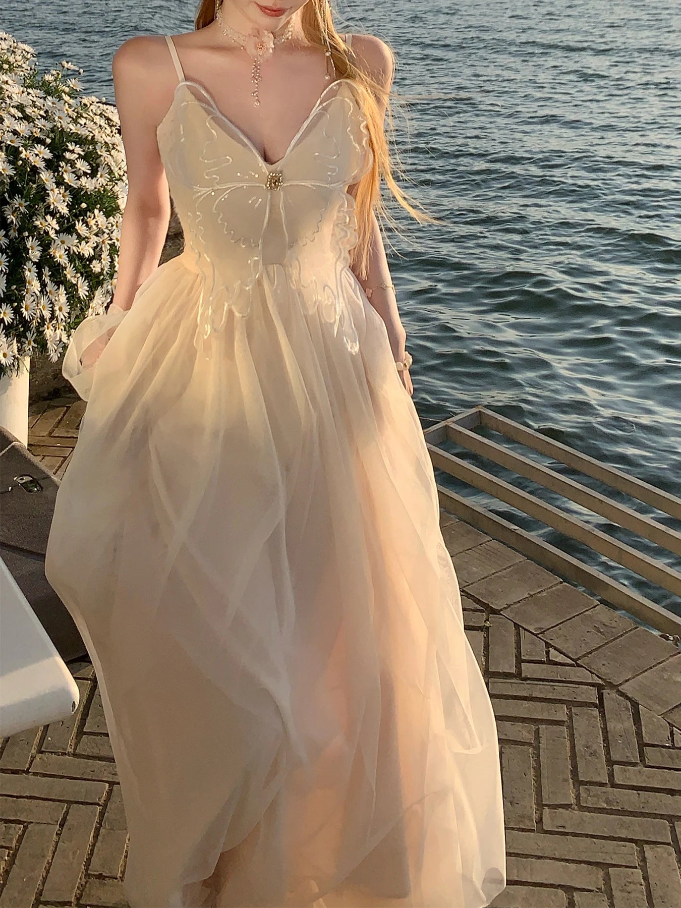 Sexy Bow Mesh Vacation Spaghetti Strap Long Dresses for Women Summer New Elegant Sleeveless Birthday Beach Party Female Clothing Sexy Bow Mesh Vacation Spaghetti Strap Long Dresses for Women Summer New Elegant Sleeveless Birthday Beach Party Female Clothing
