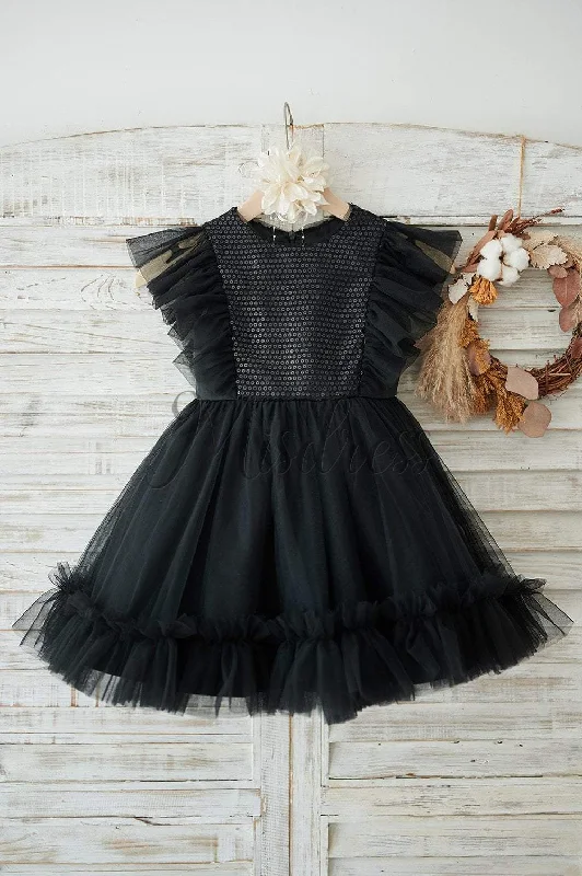 Princess Black Sequin Tulle Ruffle Sleeves Wedding Flower Girl Dress