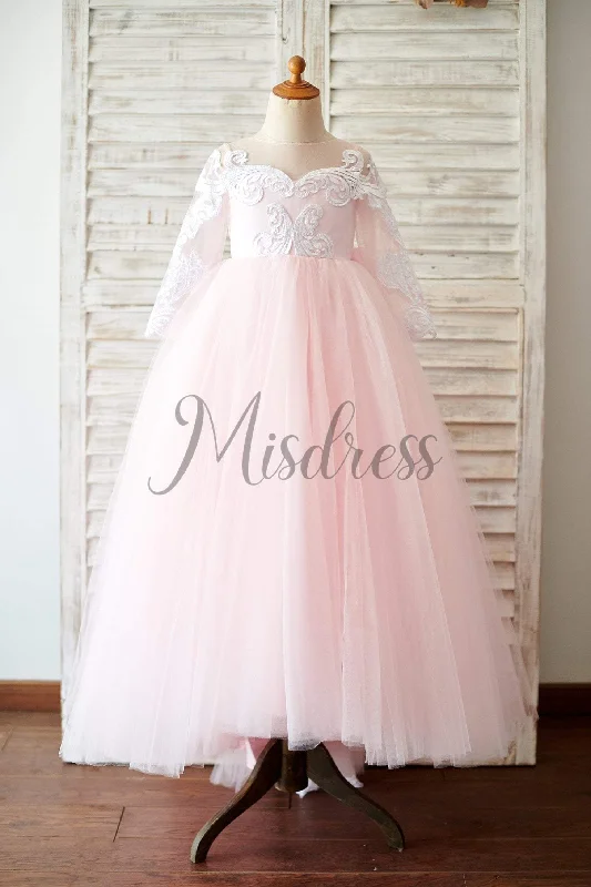 Ball Gown Long Sleeves Pink Lace Tulle Wedding Flower Girl Dress, Bow