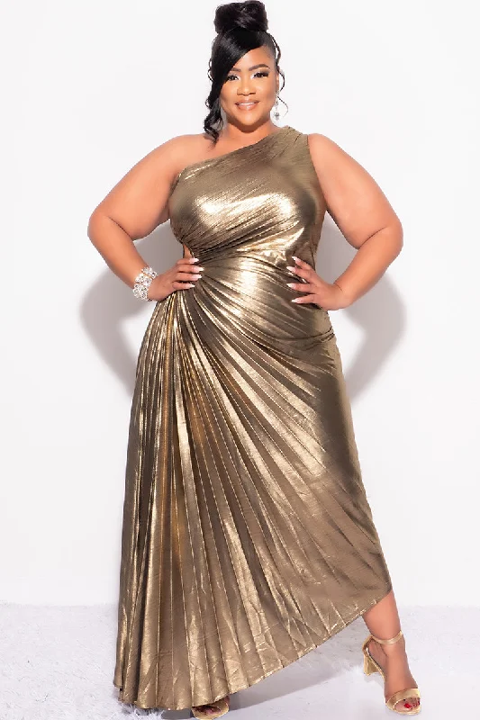 Final Sale Plus Size One Shoulder Asymmetric Pleated Dress with Cut Out in Metallic Bronze Final Sale Plus Size One Shoulder Asymmetric Pleated Dress with Cut Out in Metallic Bronze