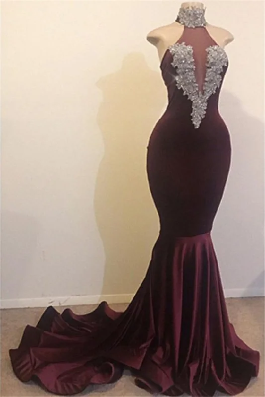 High Neck Backless Brush Train Mermaid Sequins Velvet prom Dress, Evening Dress cg5982 High Neck Backless Brush Train Mermaid Sequins Velvet prom Dress, Evening Dress cg5982