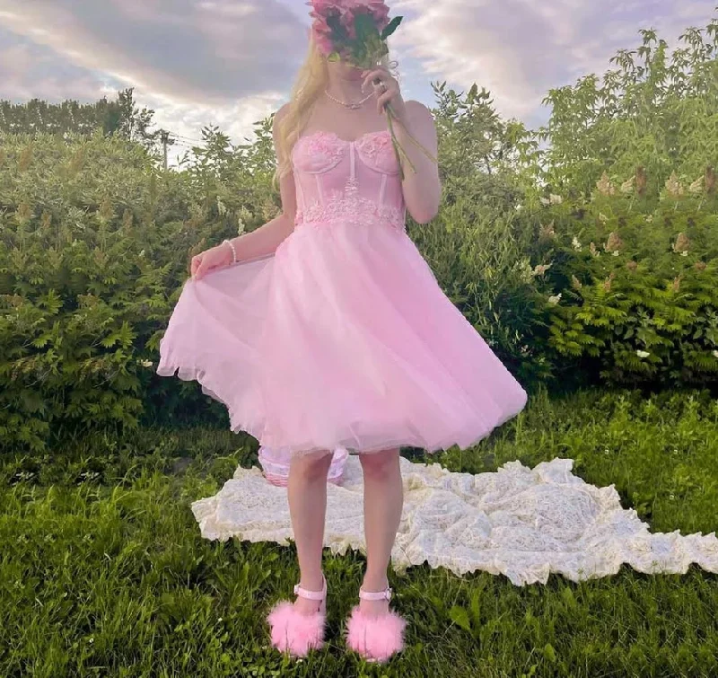 Fairy Princess Pink Prom Dresses Sweetheart Appliques 3D Flowers Tulle Knee Length Women Evening Gowns Wedding Party Fairy Princess Pink Prom Dresses Sweetheart Appliques 3D Flowers Tulle Knee Length Women Evening Gowns Wedding Party