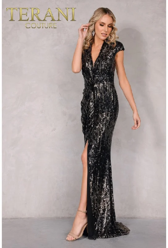 Terani Couture 2021E2860 Wrap Over V-neckline Crystal Sequin Embellished Slit Dress by Terani