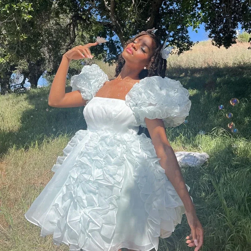 Puffy White Tulle Girls Summer Dresses Pretty Ruffles Pleated Mini Brithday Party Gowns Square Collar Short Women Prom Gowns Puffy White Tulle Girls Summer Dresses Pretty Ruffles Pleated Mini Brithday Party Gowns Square Collar Short Women Prom Gowns