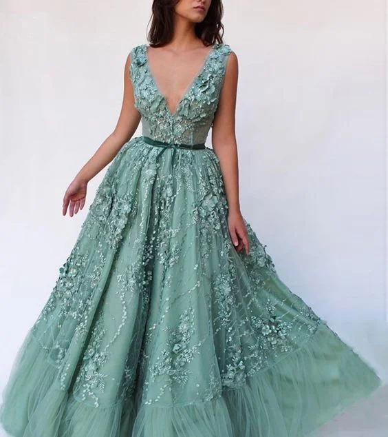 New 3D Lace Applique Green Tulle V Neck Long Evening Dress, Formal Prom Dress cg6080 New 3D Lace Applique Green Tulle V Neck Long Evening Dress, Formal Prom Dress cg6080