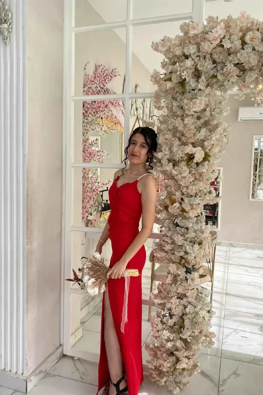 Women's Red Stone Strap Slit Fabric Shiny Evening Dress Engagement Wedding Graduation Dress Evening Party Gown Women's Red Stone Strap Slit Fabric Shiny Evening Dress Engagement Wedding Graduation Dress Evening Party Gown